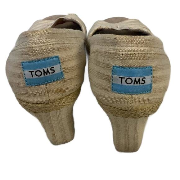 Toms Womens Size 7 Open Toe Striped Fabric High Heel Wedge Casual Shoes - Picture 3 of 5
